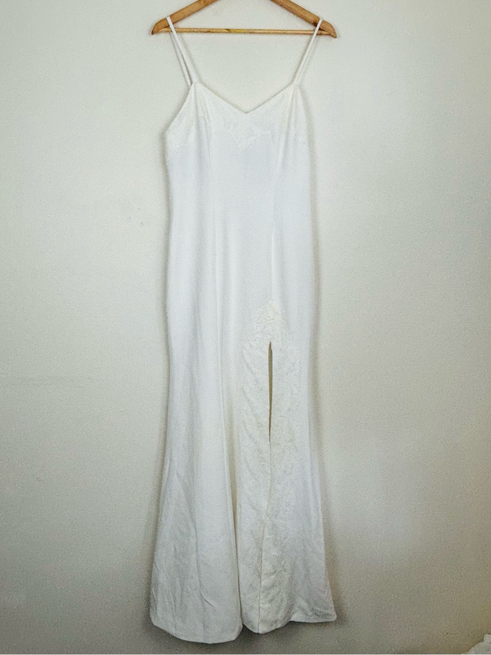 Fame and Partners white lace trim spaghetti strap slip cut gown front slit  8 - Picture 2 of 11